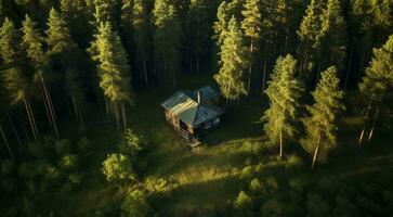 AI generated house in the woods, house in the forest, modern designed wooden house in the forest photo