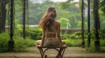 AI generated young woman meditating in yoga pose in nthe nature, woman meditating in nature, woman doing yoga exercise, woman doing yoga in outdoor photo