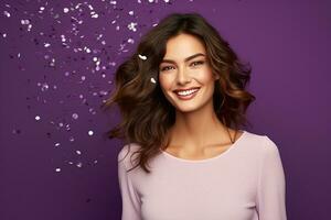 AI generated Portrait of beautiful young woman with confetti on isolated background generative AI photo