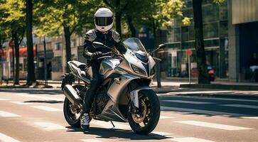 AI generated close-up of biker on the street, motorcycle on the street, cyclist with helmet photo