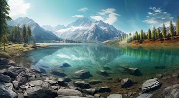 AI generated lake in the mountains, lake with forest, scenic view of the lake photo