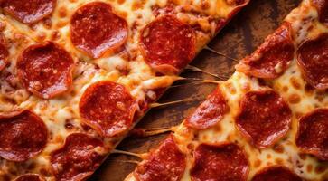 AI generated close-up of delicios pizza on the table, pizza background, italian pizza on the table, close-upo of a pizza, sliced pizza photo