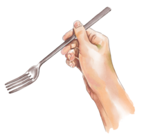 hand with fork Hand holding a fork spoon, eating food, painting, watercolor painting, dining table, eating deliciously fork spoon on tableware tool png