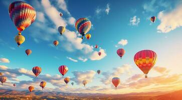 AI generated hot colored air balloons in sky, close-up of hot air balloons photo