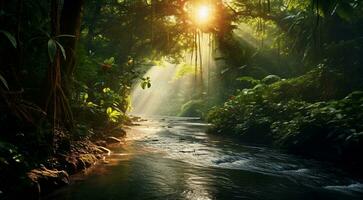 ai generado paisaje con árboles, bosque vista, tropical bosque vista, plantas y arboles foto