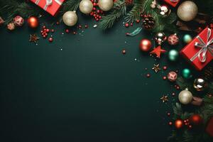 AI generated Christmas composition of branches with baubles and gifts with copy space photo