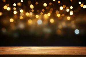 AI generated Empty rustic wooden table in front of christmas light night,abstract circular bokeh background photo