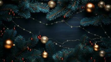 AI generated christmas holidays composition of fir tree branches with baubles and gifts copy space photo