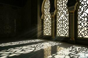 ai generado islámico antecedentes ligero con mezquita ventana ornamento escena foto