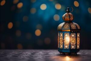 AI generated Ornamental Arabic lanterns. Glittering golden bokeh lights on the table photo