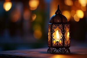 AI generated Ornamental Arabic lanterns. Glittering golden bokeh lights on the table photo