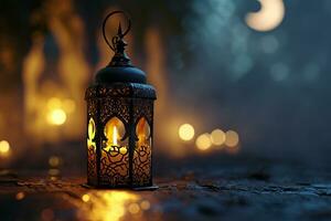 AI generated Ornamental Arabic lantern with burning candle glowing at night invitation for Muslim holy month Ramadan Kareem photo