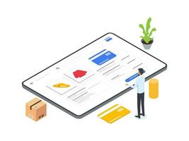 Flat Isometric illustrations of a man using a computer to select payment methods on various e commerce platforms. Modern and user friendly interface. vector