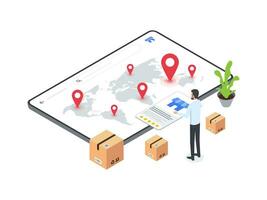 Flat Isometric illustration of man selects franchising location on ecommerce platform. Represents decision making process in franchise business. vector