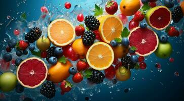 AI generated delicious colored fruits on colored background, wallpaper of fruits, sliced fruits on abstract background, fruits background photo