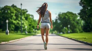 ai generado bonito niña corriendo en naturaleza, Deportes niña correr, joven mujer es corriendo foto