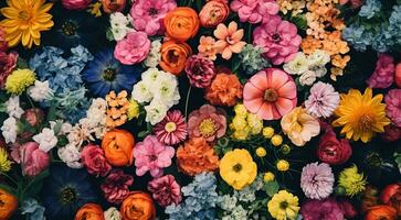 AI generated field of flowers, flowers in the field, colored flowers under the sky, colored flowers, flowers field photo