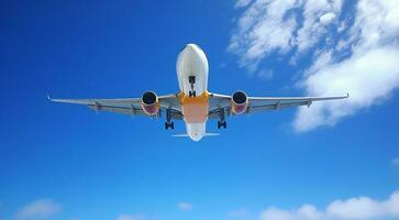 AI generated airplane in the blue sky, airplane in the sky, flying airplane in the air, close-up of a airplane photo