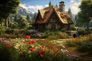 AI generated Wooden cottage in the middle of the lake surrounded by flowers, AI Generated photo