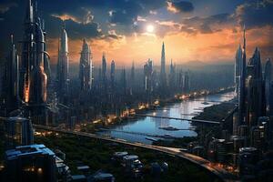 ai generado futurista paisaje urbano a Puesta de sol, Shanghai, China, ai generado foto