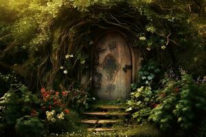 AI generated 3D rendering of the old wooden door in the garden with flowers, AI Generated photo