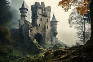 AI generated Fantasy landscape with ruins of ancient castle in foggy valley, AI Generated photo