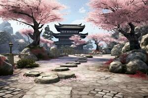 AI generated Japanese temple with cherry blossom and stone path - 3D render, AI Generated photo