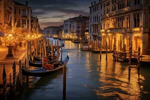 AI generated Gondolas in Venice, Italy. Grand Canal at sunset, AI Generated photo
