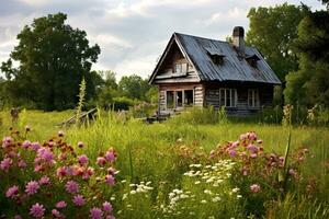AI generated Old wooden house in the meadow with wildflowers. Russia, AI Generated photo