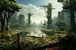 AI generated Fantasy landscape with abandoned factory and river. 3D rendering, AI Generated photo