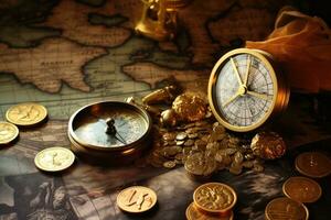 AI generated Vintage compass and coins on the old map. Travel concept, AI Generated photo