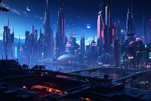 AI generated Illustration of a city at night with lights and buildings in the background, AI Generated photo