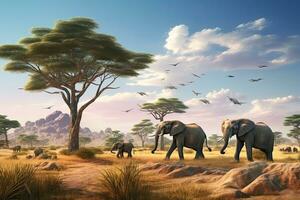 AI generated Elephants in the savannah of Africa - 3D render, AI Generated photo