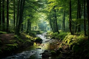 AI generated Beautiful green forest with a river flowing through it. Nature composition, AI Generated photo