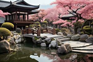 AI generated Korean traditional garden with cherry blossom in spring, Korea, AI Generated photo