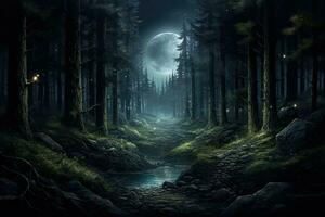 AI generated Fantasy landscape with a dark forest and a river under a full moon, AI Generated photo