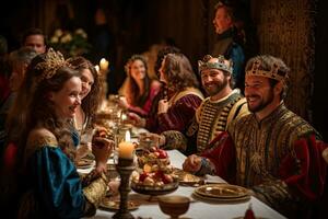 ai generado medieval familia a Navidad cena en el antiguo iglesia. selectivo enfocar, ai generado foto