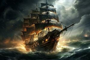 AI generated Pirate ship in stormy sea. 3D illustration. Fantasy, AI Generated photo