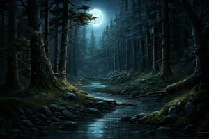 AI generated Fantasy landscape with dark forest, river and moon. 3d rendering, AI Generated photo