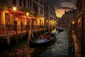 AI generated Gondola on the Grand Canal at sunset, Venice, Italy, AI Generated photo