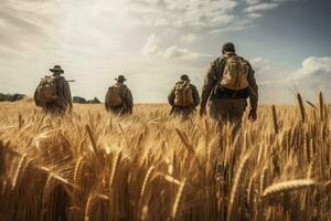 AI generated Rear view of a group of farmers walking through a wheat field, AI Generated photo