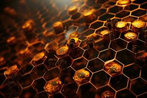 AI generated 3D rendering of honeycomb with glowing lightbulbs in it, AI Generated photo