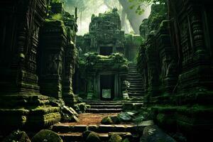 ai generado misterioso templo en selva, bali, Indonesia. 3d representación, ai generado foto