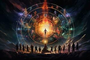 AI generated Astrology horoscope circle and group of people around it. 3D rendering, AI Generated photo