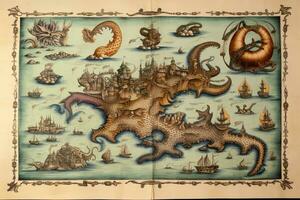 ai generado Clásico mapa de el antiguo mundo con dragones y buques en el fondo, ai generado foto