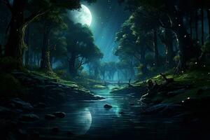 AI generated Mysterious dark forest at night with full moon. Fantasy landscape, AI Generated photo