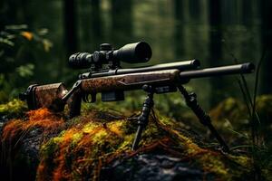 AI generated Rifle in the forest. Selective focus. Shallow depth of field, AI Generated photo