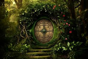 AI generated Wooden door in the green forest. 3d render illustration, AI Generated photo