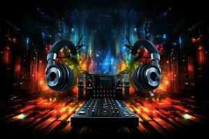 AI generated DJ mixer with headphones on dark background with fire and smoke. Music concept, AI Generated photo