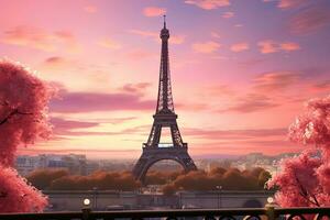 ai generado eiffel torre en París, Francia a puesta de sol con un banco, ai generado foto